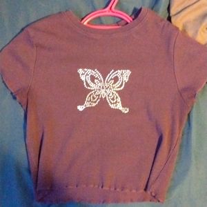 Crop purple t-shirt with rhinestone butterfly